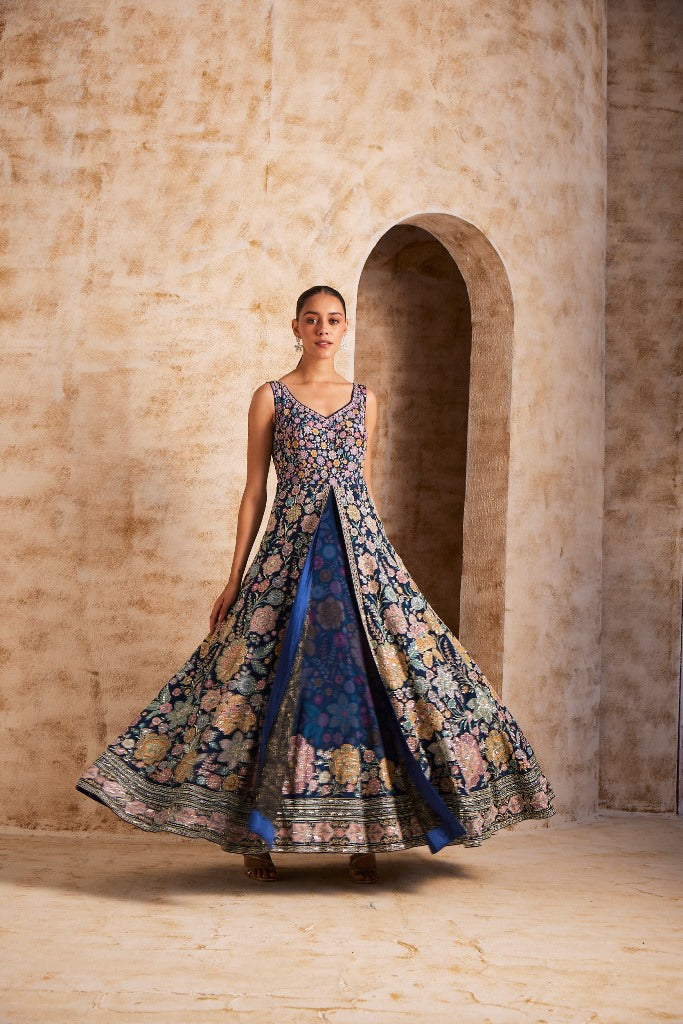 Neerus Blue silk embroidered gown - side view