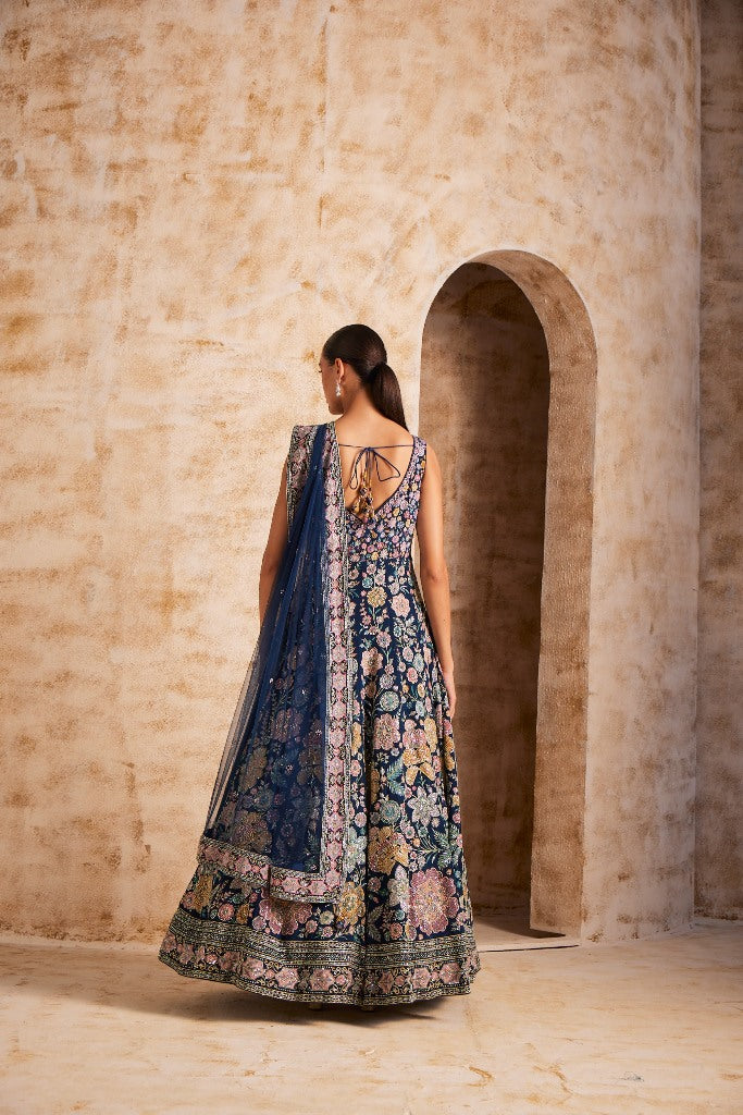 Neerus Blue silk embroidered gown - detail view 1