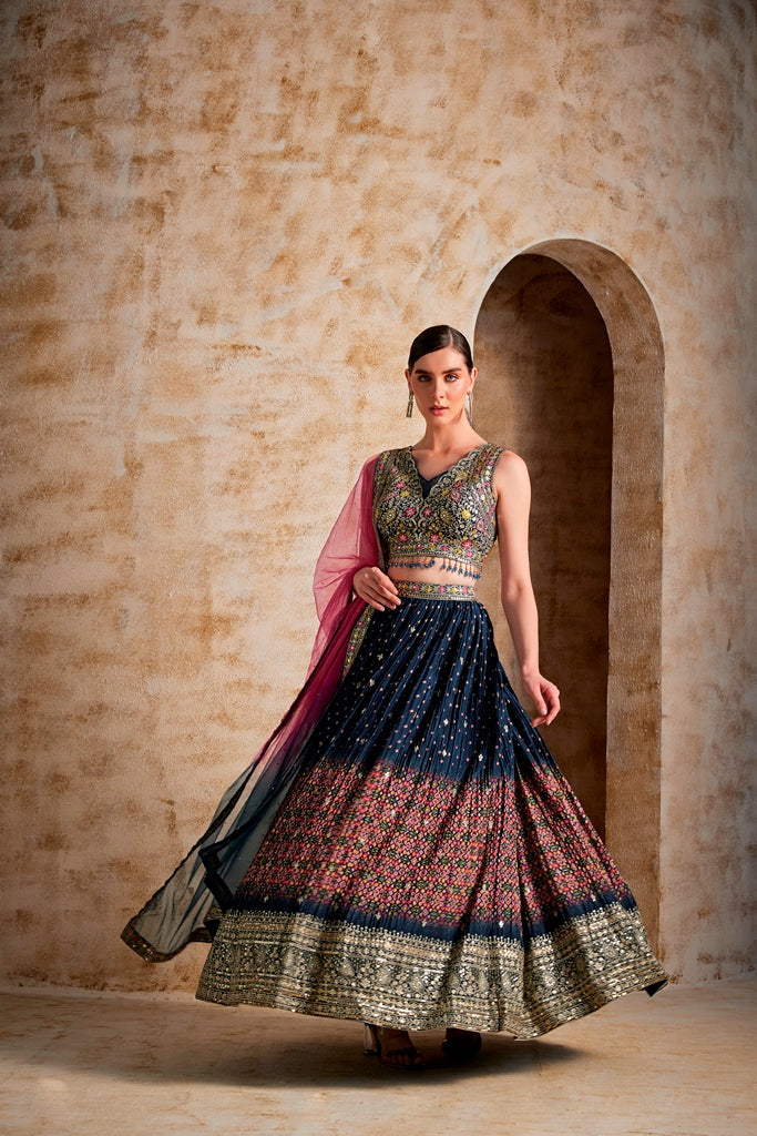 Neerus Blue embroidered flared lehenga set - front view