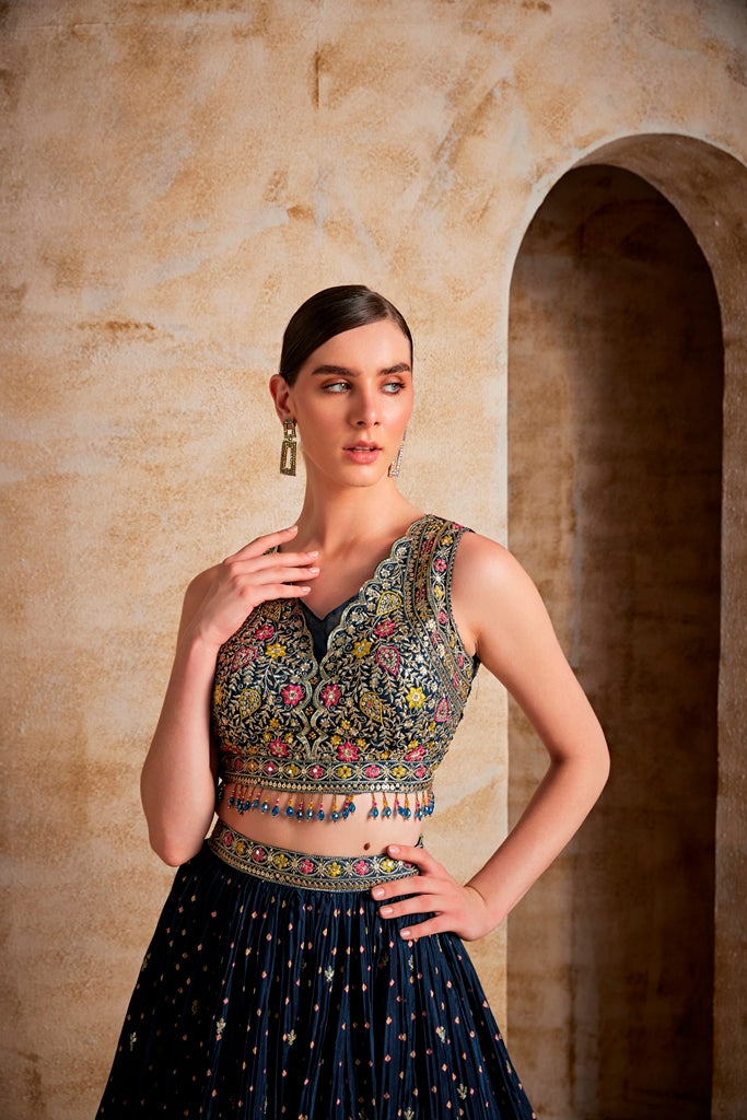 Neerus Blue embroidered flared lehenga set - back view