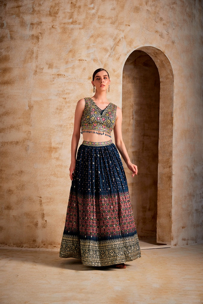Neerus Blue embroidered flared lehenga set - side view