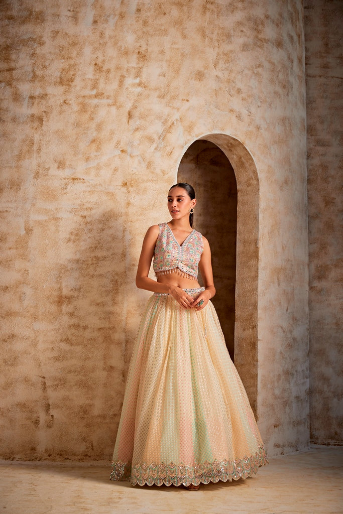 Neerus White net embellished lehenga set - side view