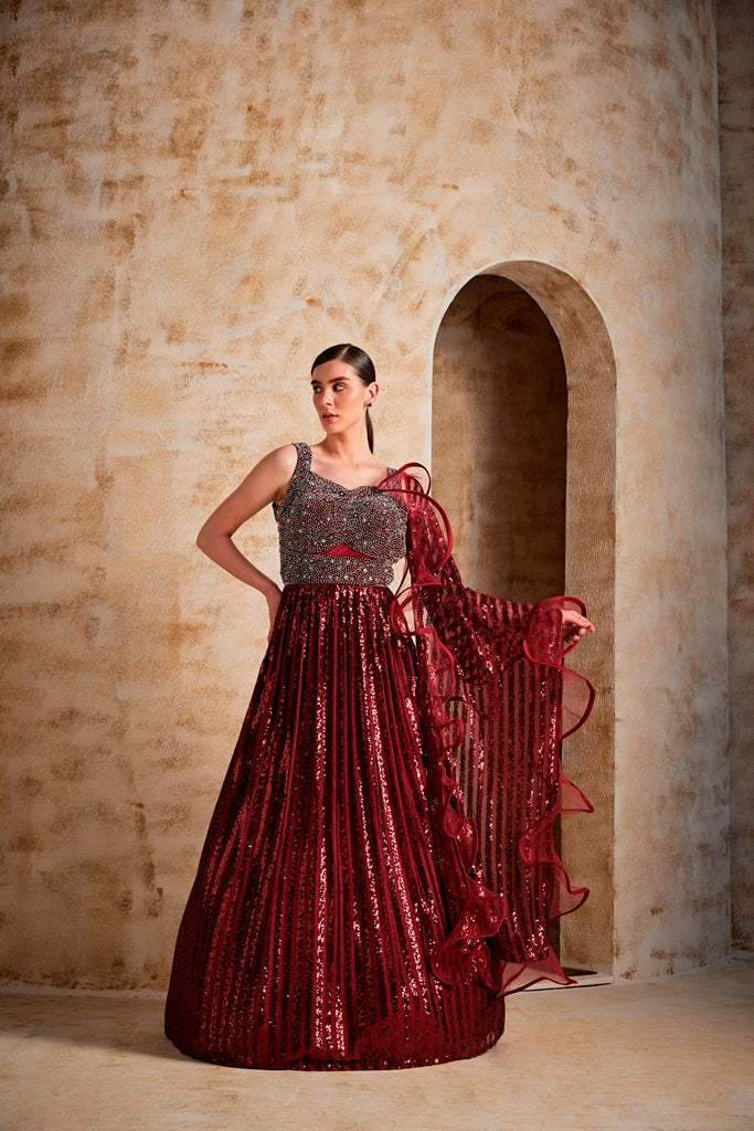 Neerus Maroon net embroidered gown - front view