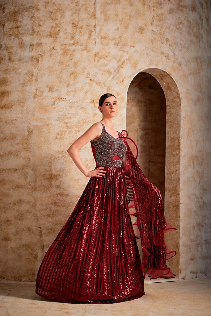 Neerus Maroon net embroidered gown - back view