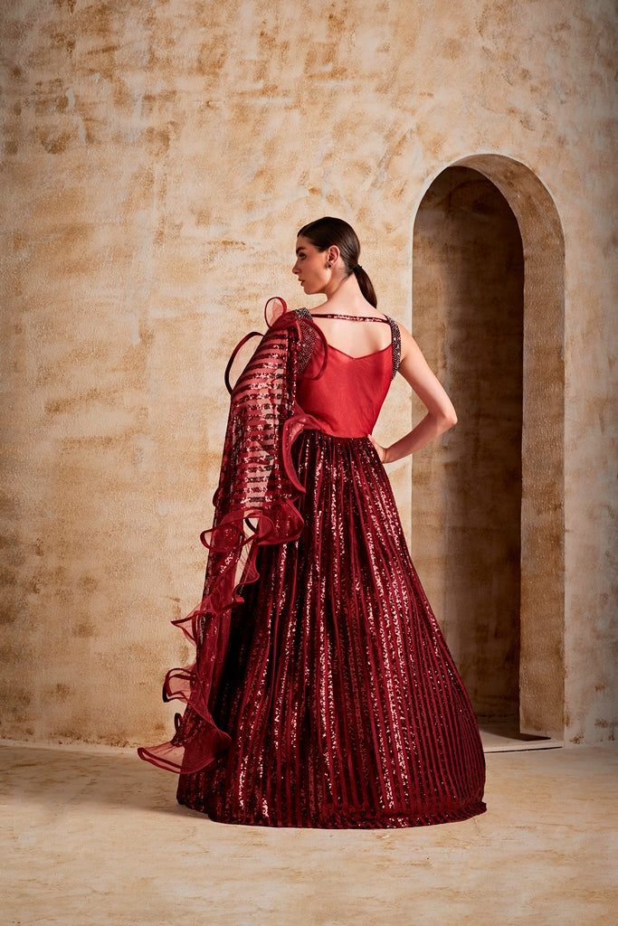 Neerus Maroon net embroidered gown - detail view 1