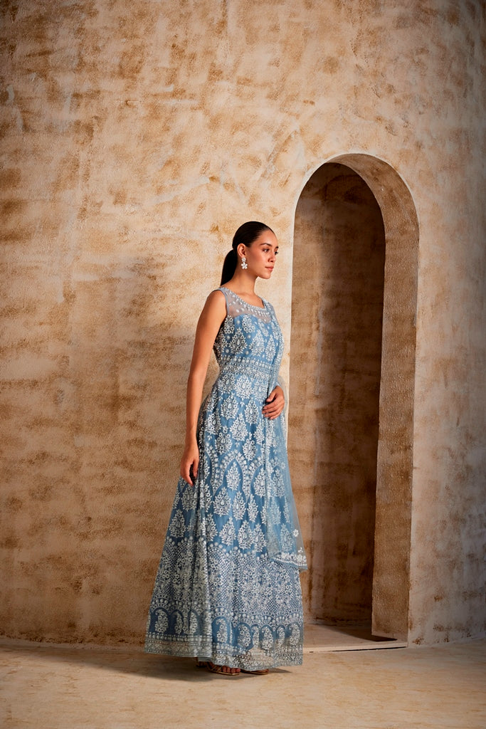 Neerus Blue georgette embroidered gown - back view