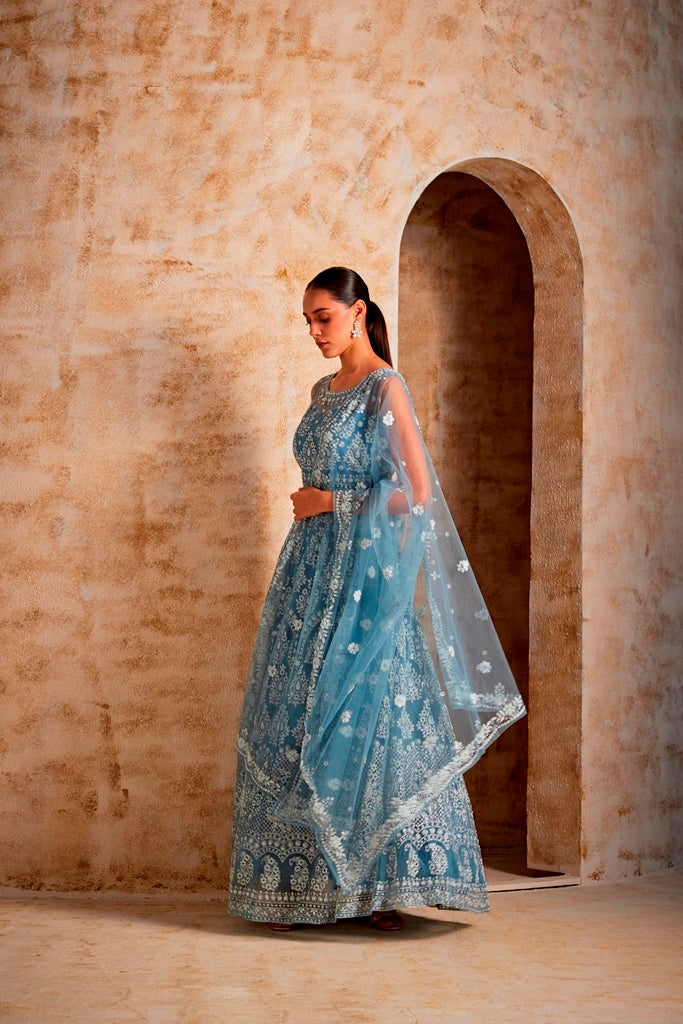 Neerus Blue georgette embroidered gown - side view