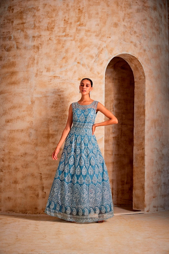 Neerus Blue georgette embroidered gown - detail view 1