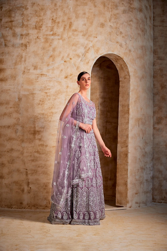 Neerus Purple net embellished lehenga ghagra set - front view