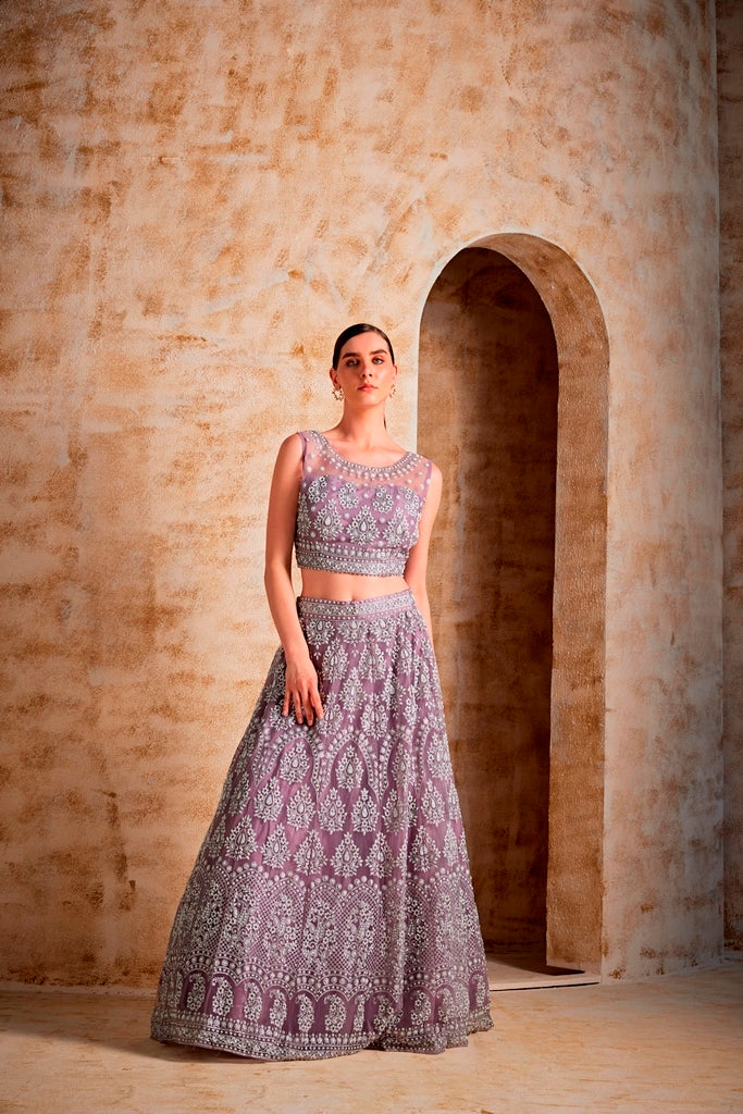 Neerus Purple net embellished lehenga ghagra set - back view