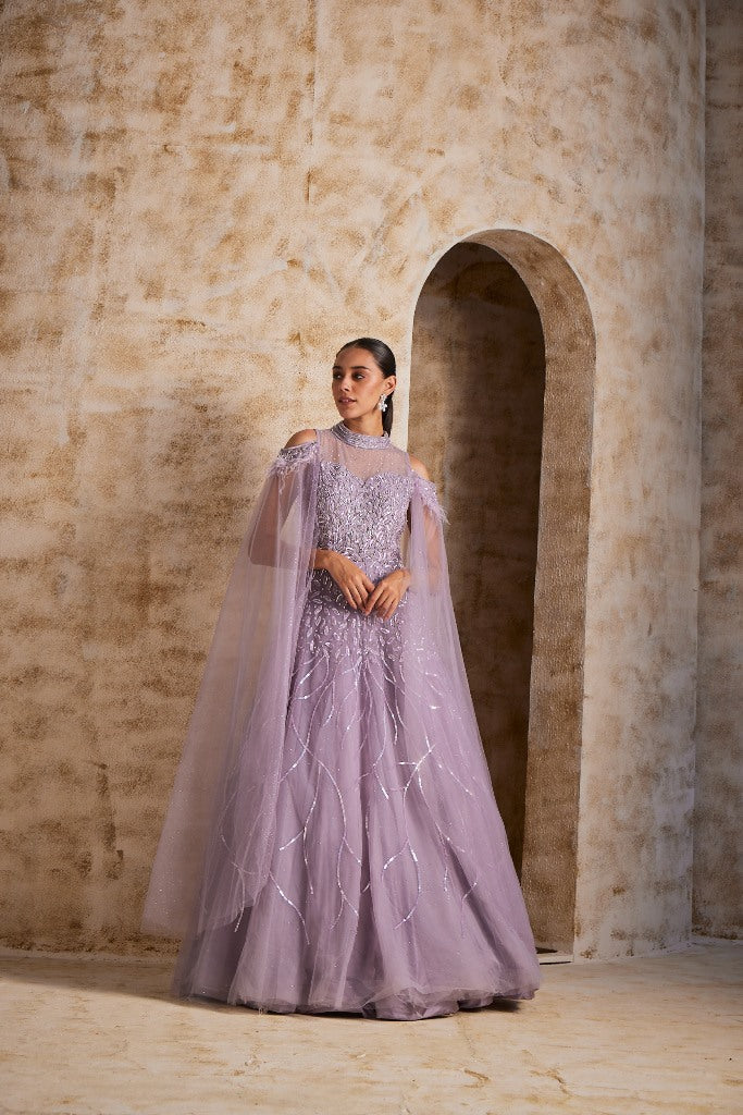 Neerus Purple net embellished gown - front view