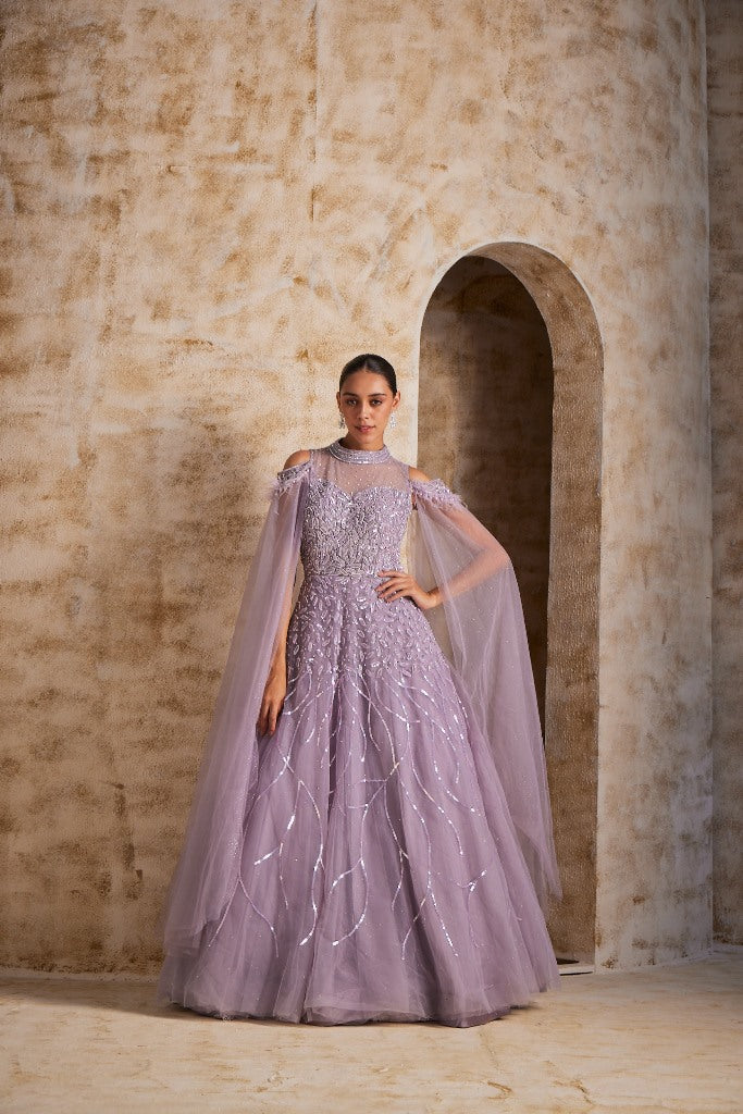 Neerus Purple net embellished gown - back view