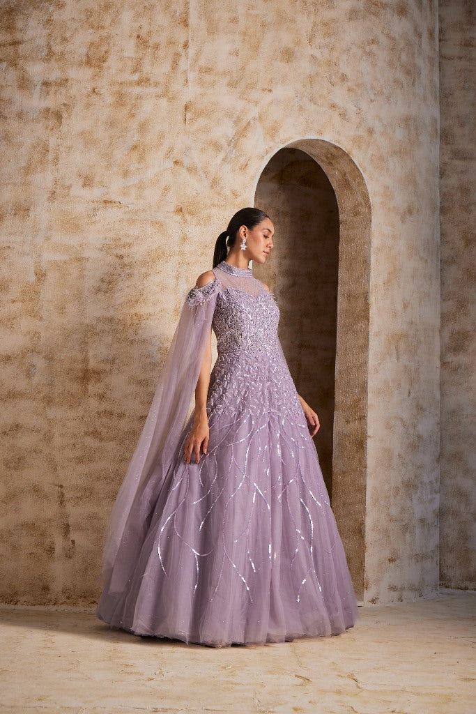 Neerus Purple net embellished gown - side view
