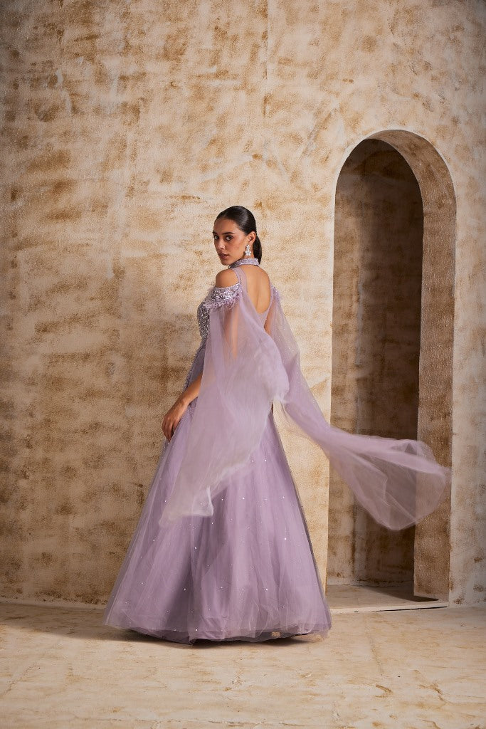 Neerus Purple net embellished gown - detail view 1