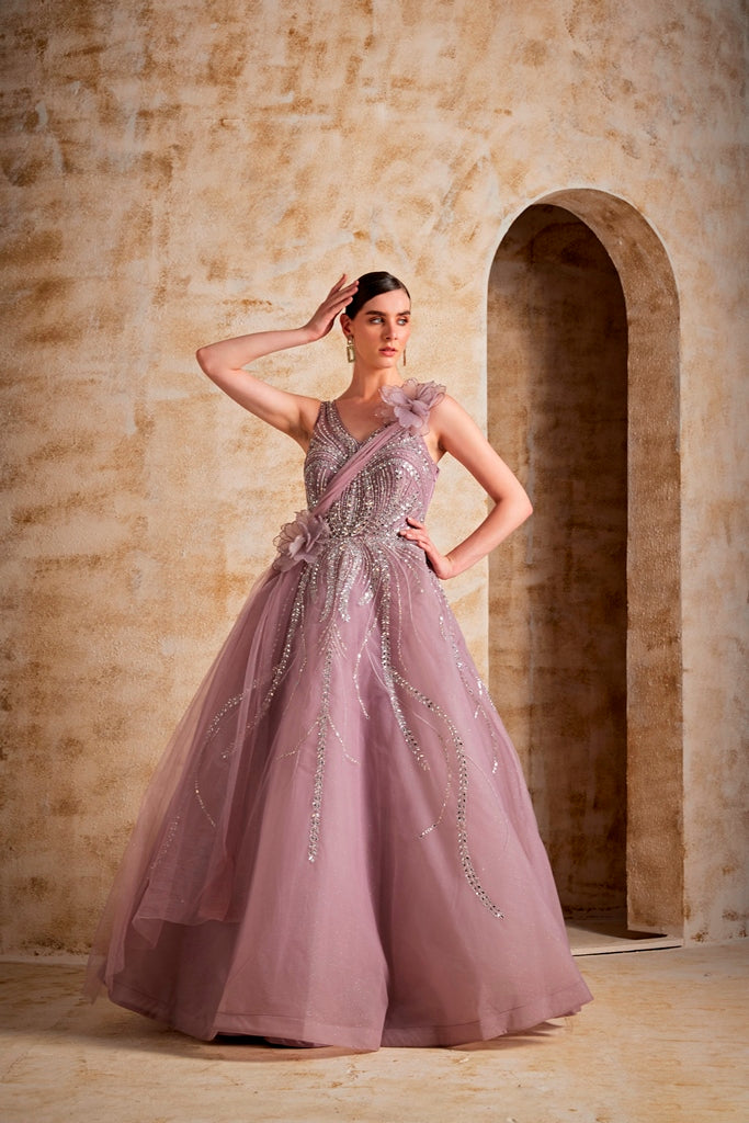 Neerus Pink net embroidered gown - back view