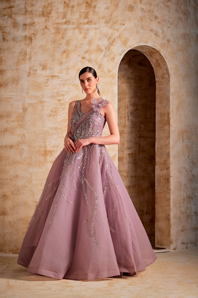 Neerus Pink net embroidered gown - front view