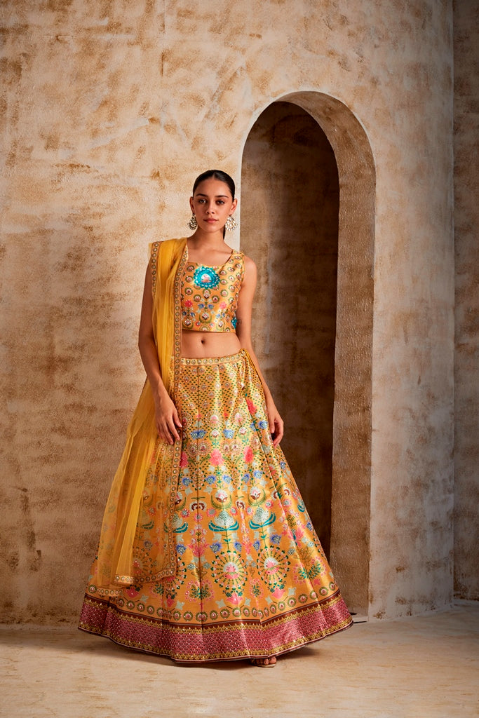 Neerus Yellow silk embroidered lehenga ghagra set - front view
