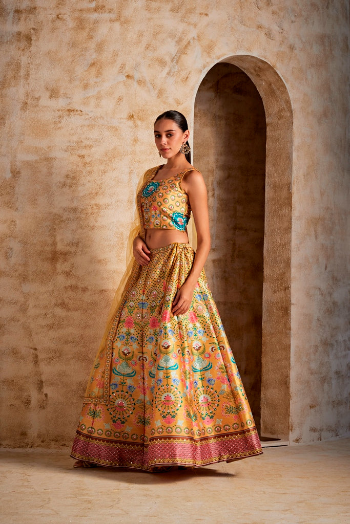Neerus Yellow silk embroidered lehenga ghagra set - back view