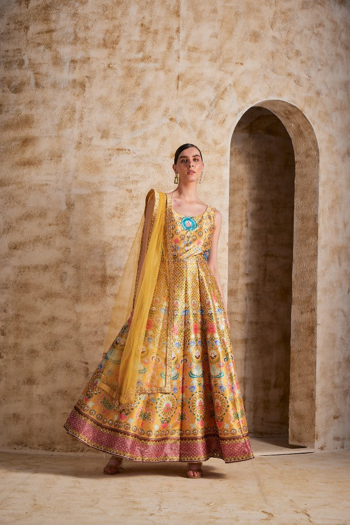 Neerus Yellow silk gown - front view
