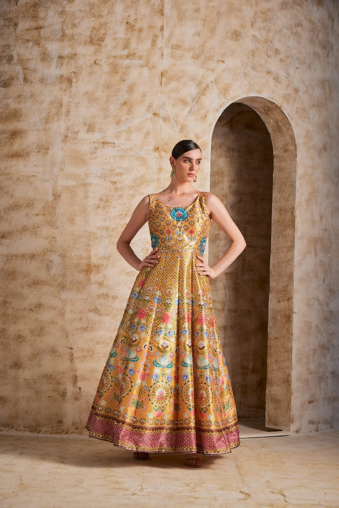 Neerus Yellow silk gown - back view