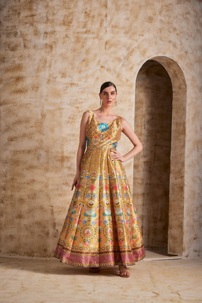 Neerus Yellow silk gown - side view