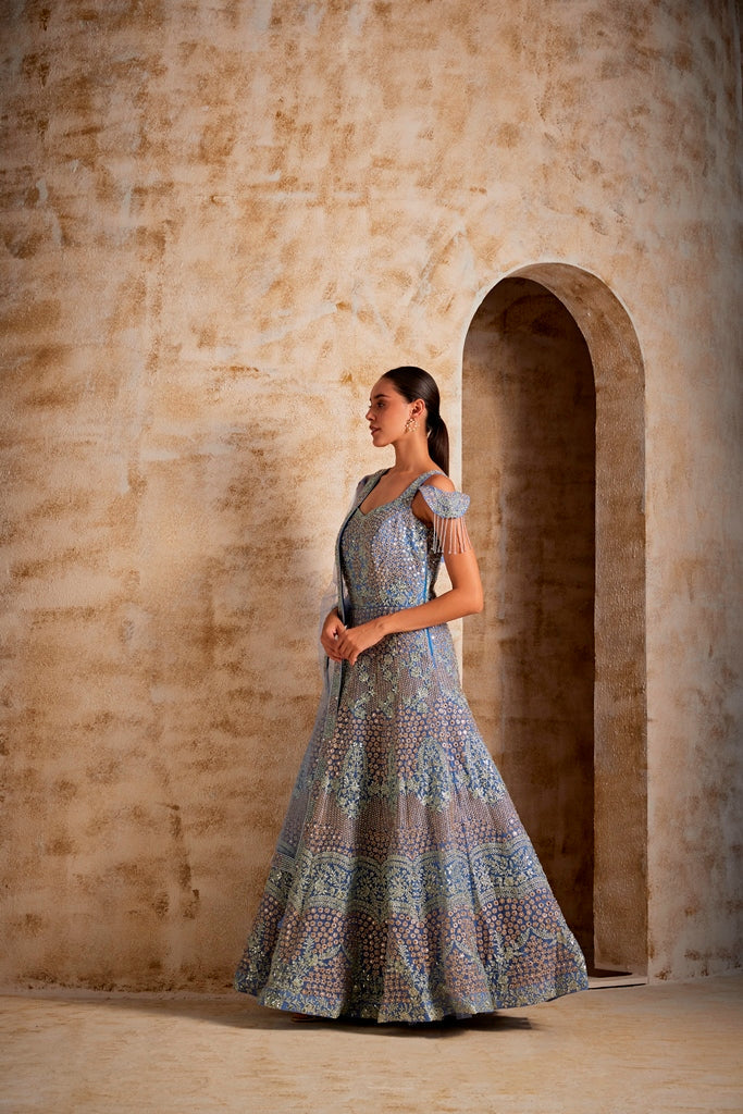 Neerus Purple net embroidered gown - back view