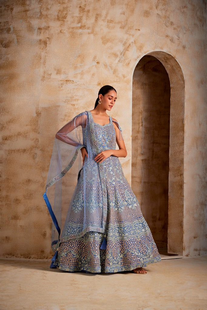 Neerus Purple net embroidered gown - side view