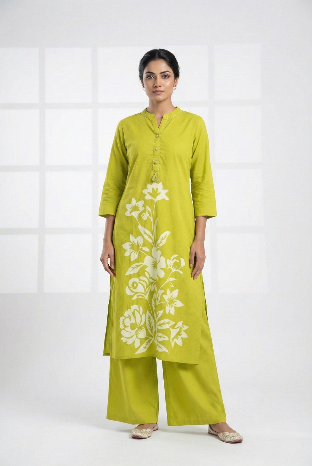Neerus Green cotton digital printed suit set - front view