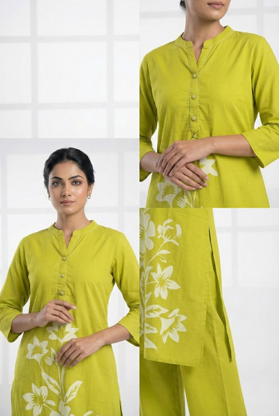 Neerus Green cotton digital printed suit set - detail view 1