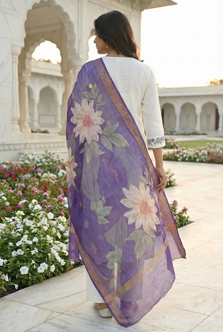 Neerus Purple Chanderi hand embroidered suit set - side view