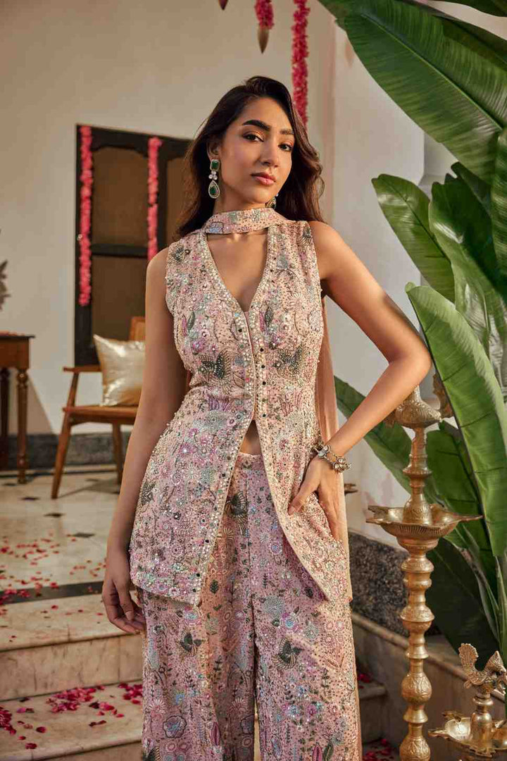 Baby Pink Georgette Multi Heavy Embroidery Palazoo Set