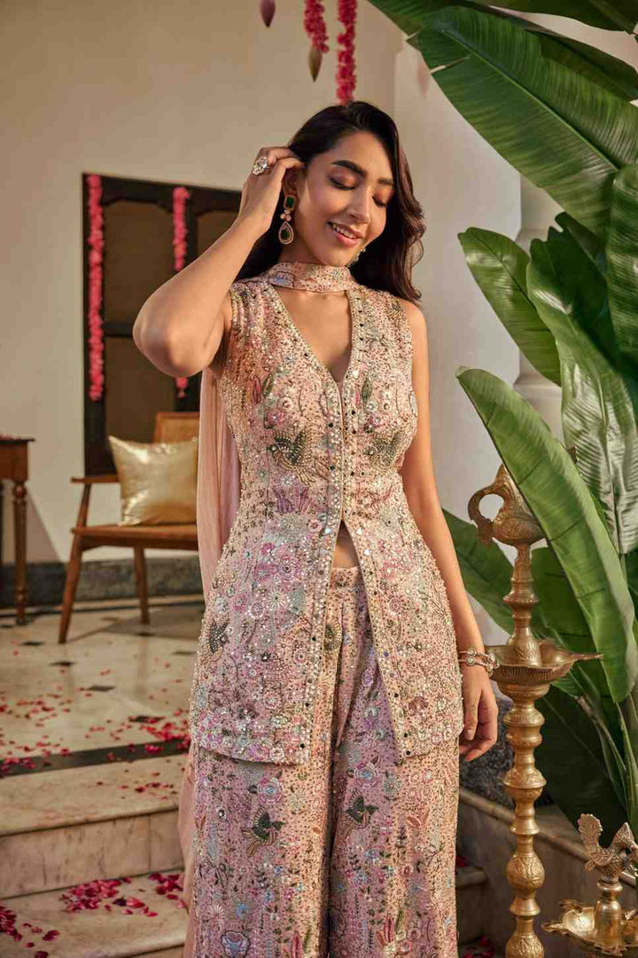 Baby Pink Georgette Multi Heavy Embroidery Palazoo Set
