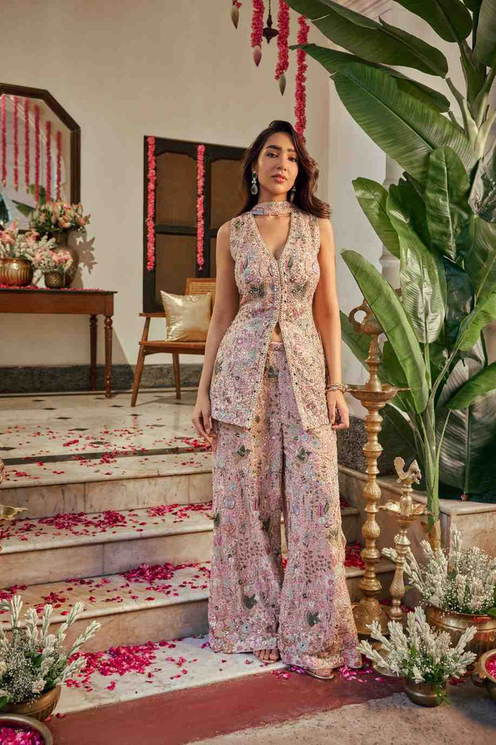 Baby Pink Georgette Multi Heavy Embroidery Palazoo Set