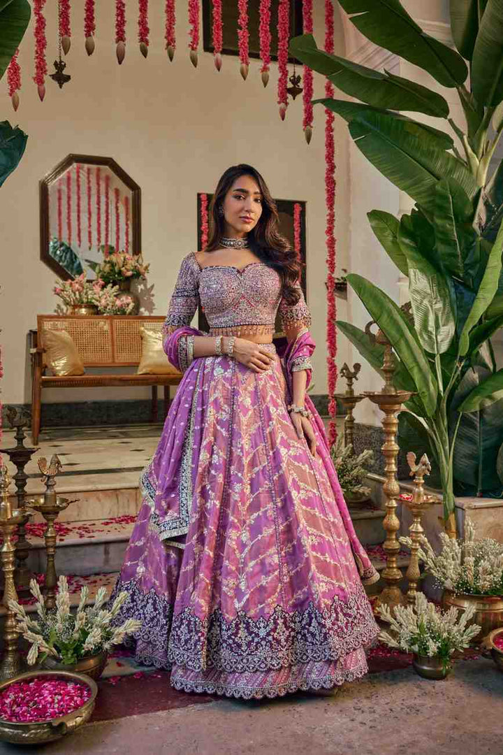 Neerus Purple Banarasi hand embroidered lehenga - front view