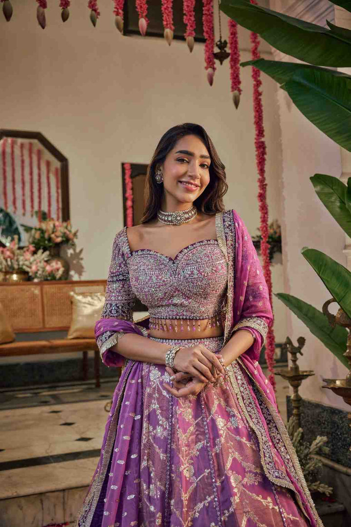 Neerus Purple Banarasi hand embroidered lehenga - back view