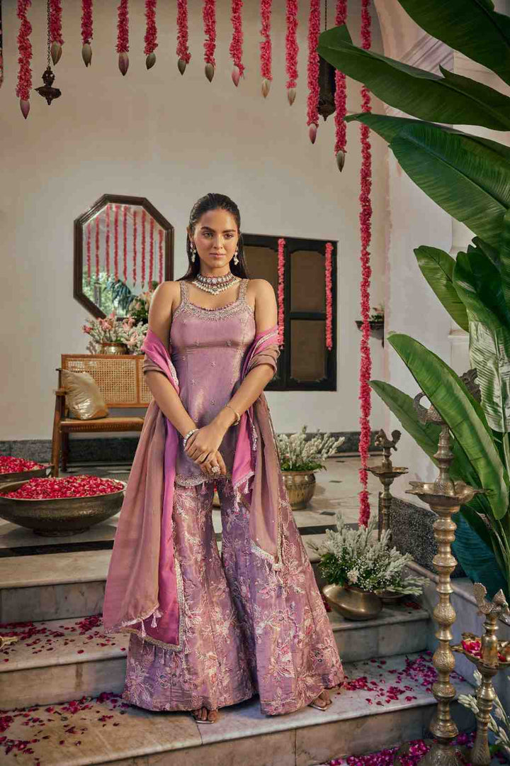 Neerus Purple tissue hand embroidered suit set - front view