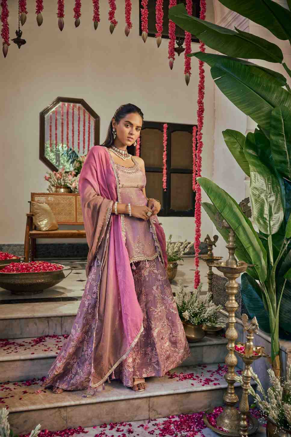 Neerus Purple tissue hand embroidered suit set - side view