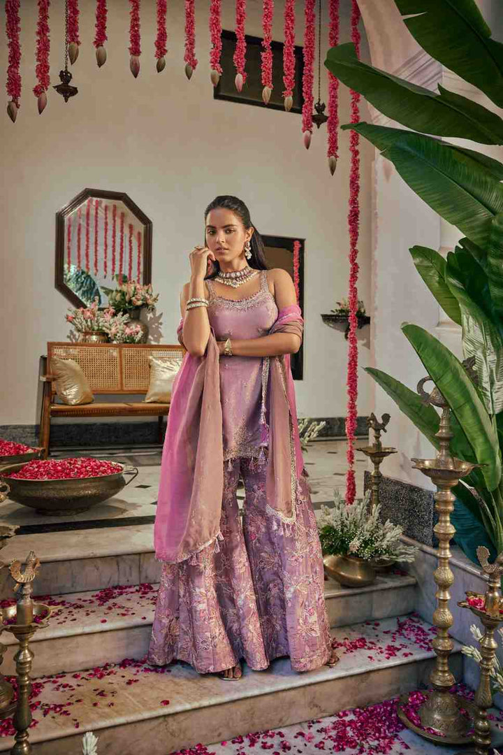 Neerus Purple tissue hand embroidered suit set - back view