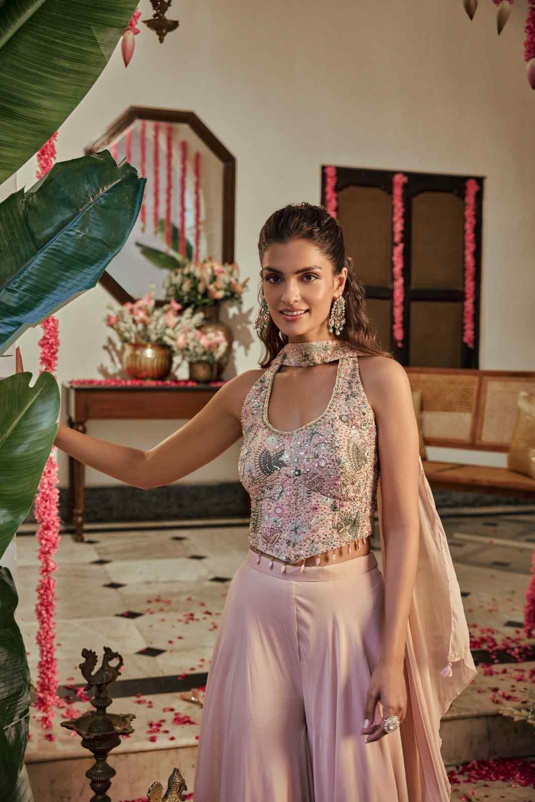 Neerus Pink Georgette Hand Embroidered Suit Set - back view