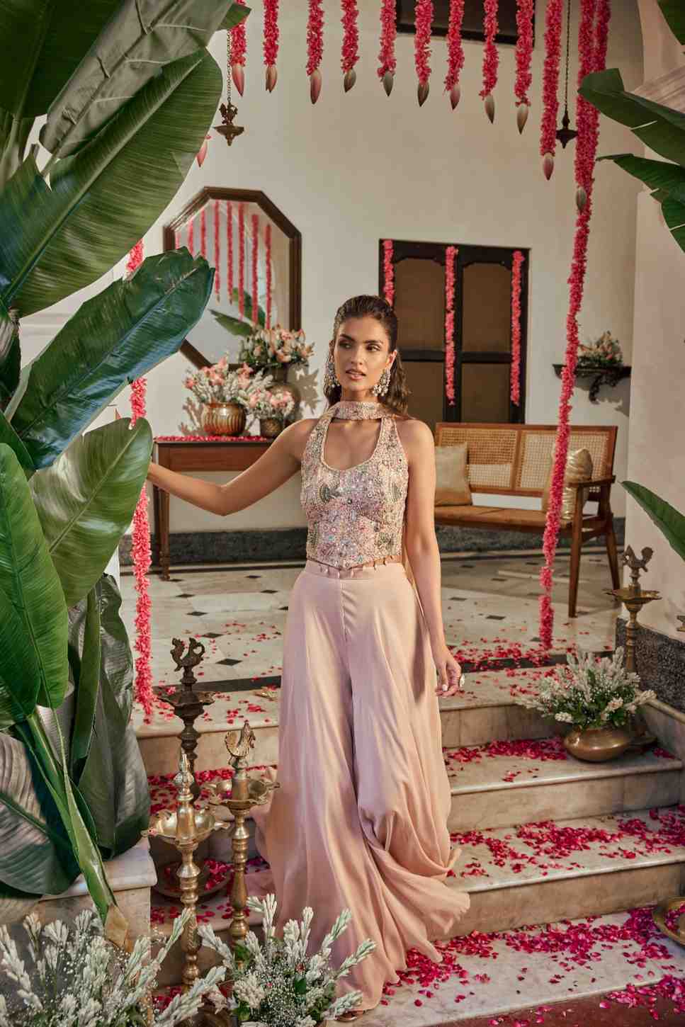 Neerus Pink Georgette Hand Embroidered Suit Set - side view