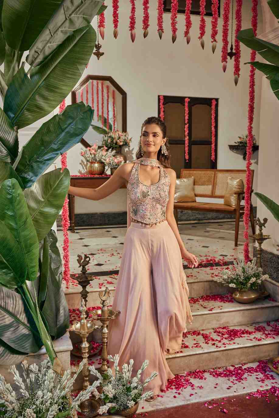 Neerus Pink Georgette Hand Embroidered Suit Set - front view