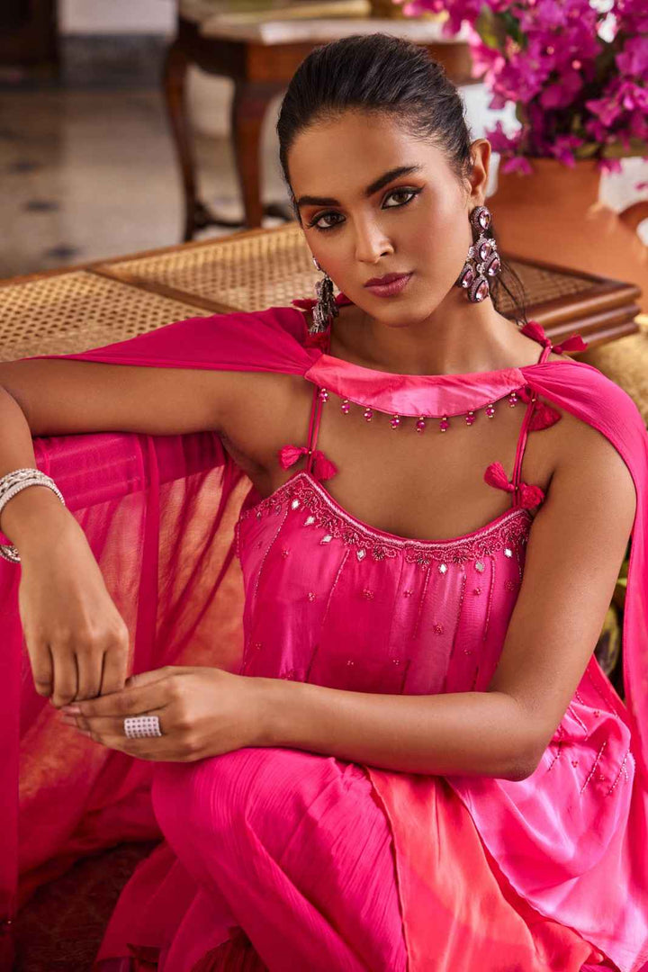 Pink Silk Printed Peplum Set With Palazoo