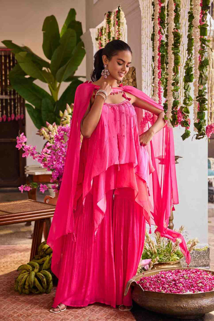 Pink Silk Printed Peplum Set With Palazoo