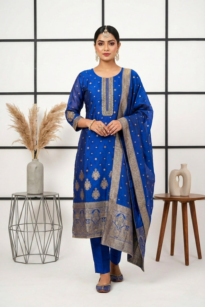 Neerus Blue silk printed suit set - front view