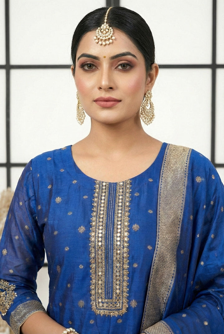 Neerus Blue silk printed suit set - side view