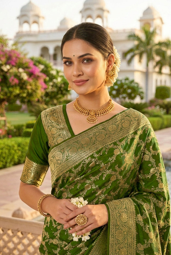 Neerus Green Pattu Silk Printed Banarasi Saree - back view