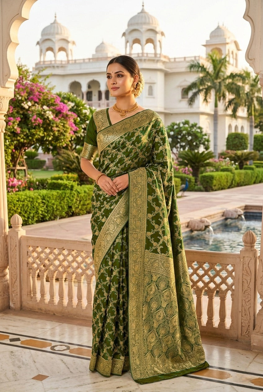 Neerus Green Pattu Silk Printed Banarasi Saree - front view