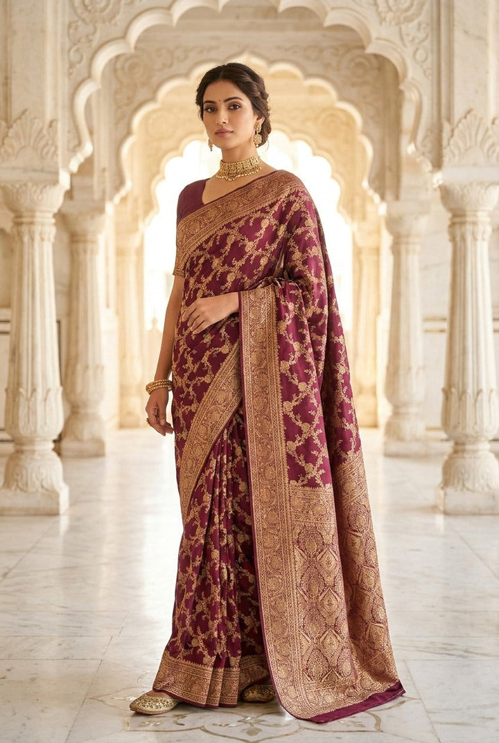 Neerus Brown Pattu Silk woven Banarasi saree - front view