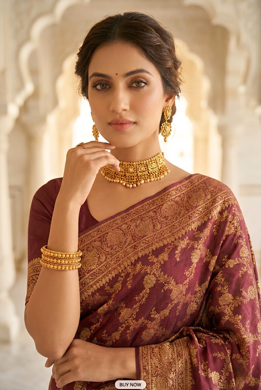Neerus Brown Pattu Silk woven Banarasi saree - back view