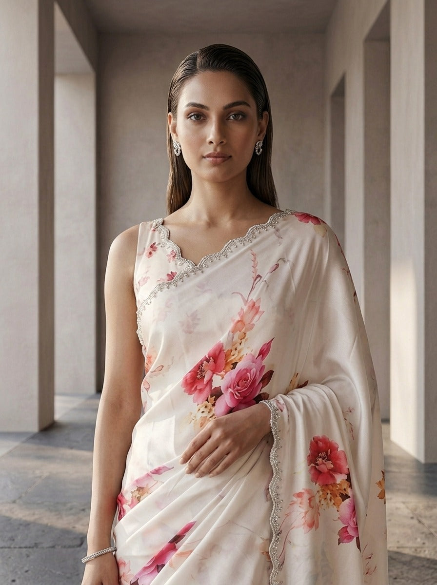 Neerus Pink satin embellished floral saree - side view